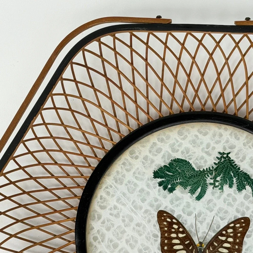 Vintage Basket Jetline Japan Rattan Bamboo‎ Lucite Butterfly Floral Boho Cottage